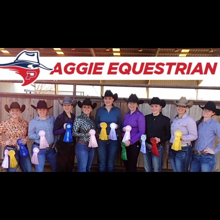 The Panhandle State Equestrian Team shows off their collection of ribbons won at the Texas Tech Western Show Feb. 3-4. - Courtesy photo