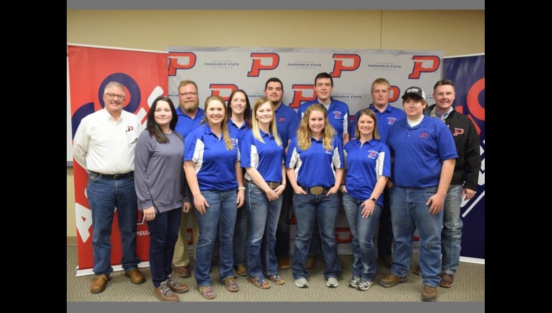 Members of the Panhandle State Crops Judging pause for a photo with faculty and administration members following the Regional Crops Judging Contest hosted in Goodwell. —Photo by Danae Moore