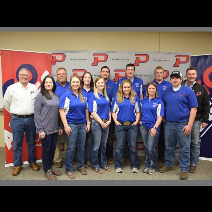 Members of the Panhandle State Crops Judging pause for a photo with faculty and administration members following the Regional Crops Judging Contest hosted in Goodwell. —Photo by Danae Moore
