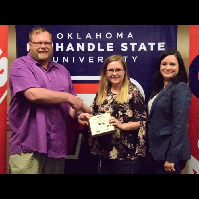 Tyler Meyeres (center) was named the Outstanding Agronomy Department student. She is pictured here with Agronomy Department Head Dr. Curtis Bensch (left) and Vice President of Academic and Student Affairs Dr. Julie Dinger (right). —Photo by Taylor Jacobson