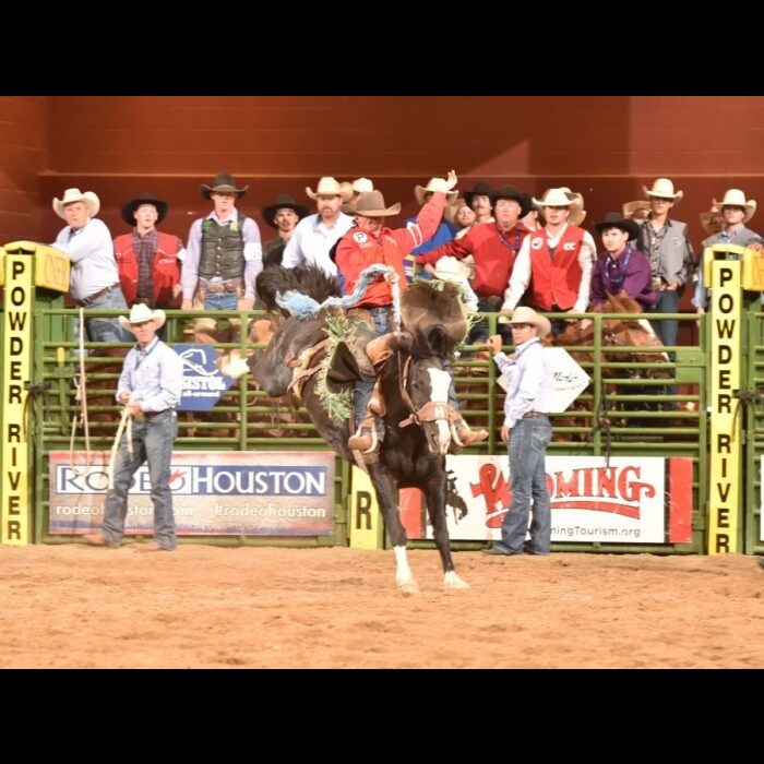 Australian native Dawson Dahm spurred his way to 78 points and a saddle bronc riding round win in the first performance of the CNFR. —Photo by Dan Hubbell Photography