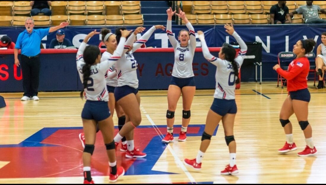 Panhandle State Volleyball celebrated their first SAC win Friday against USAO.-Beverly Hintergardt photo