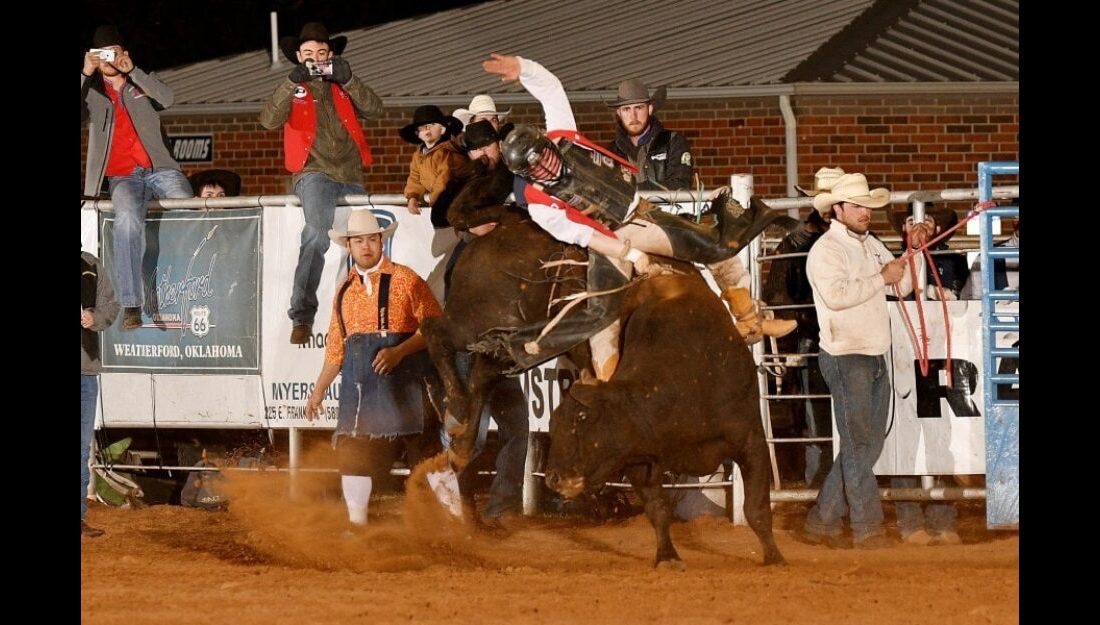 Dustin Martinez won the average in the bull riding at the SWOSU rodeo in Weatherford, Okla. — Dale Hirschman photo