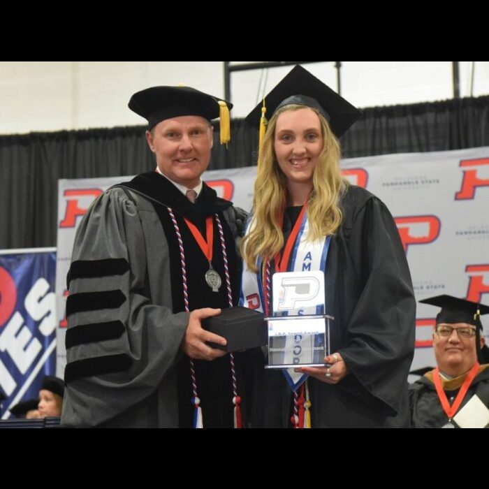 Hannah Hammack (right) was named the 2019 J.R.P. Sewell award winner during the 109th Panhandle State Commencement. —Photo by Danae Moore