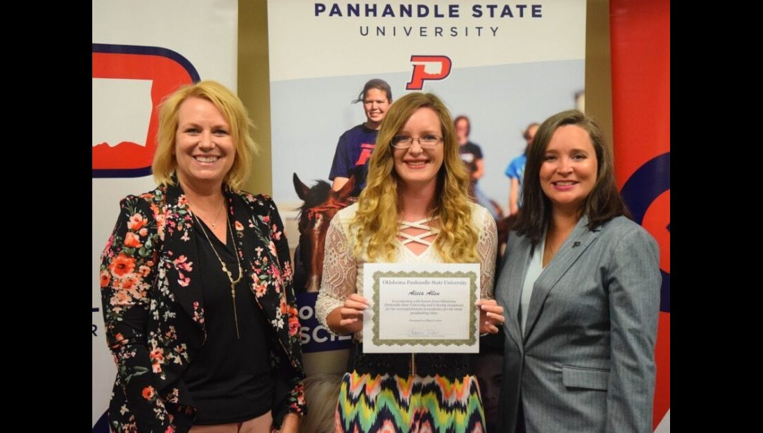 A number of graduates were recognized during the annual Ag Banquet in honor of their academic accomplishments. Alicia Allen (center) is pictured here with Dean Shawna Tucker (left) and Vice President of Academic and Student Affairs Dr. Julie Dinger (right). —Photo by Hannah Haase