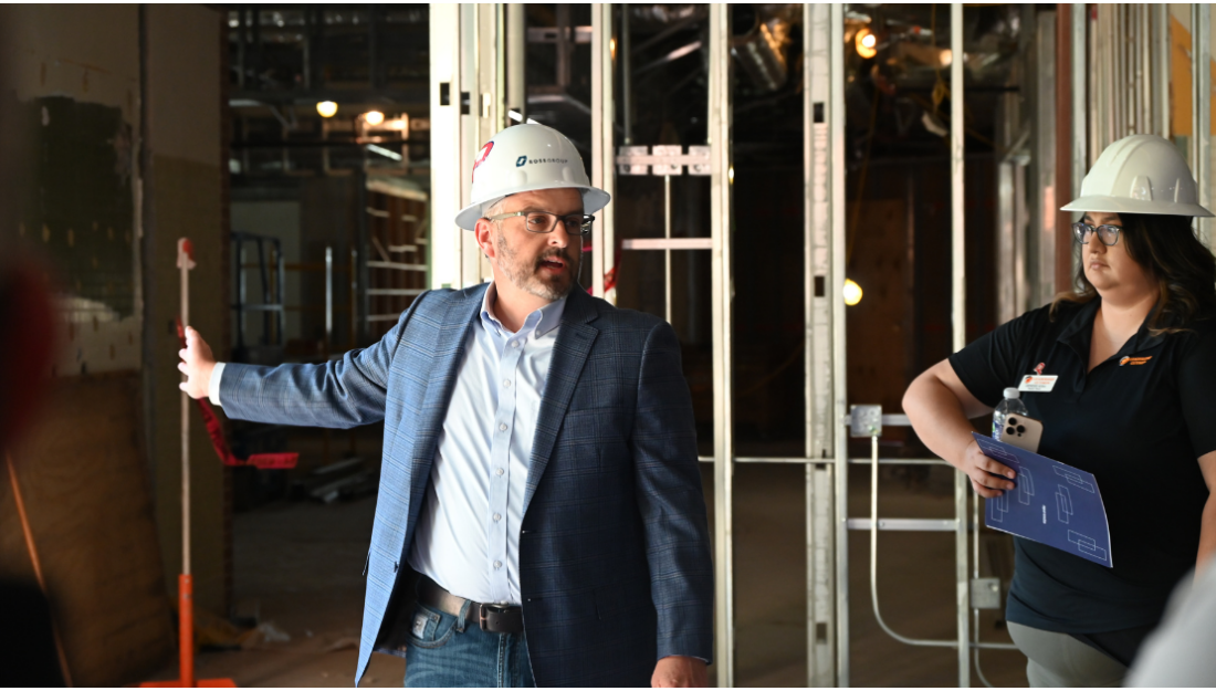 Photo: Dr. Blanton leads the Leadership Guymon group on a tour of the Student Union renovation.