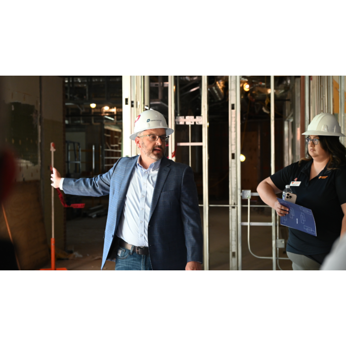 Photo: Dr. Blanton leads the Leadership Guymon group on a tour of the Student Union renovation.